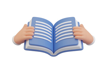 Poster - Cartoon hands holding an open blue book with white lines, 3D render. background removed