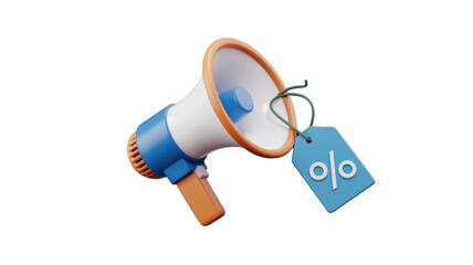 Poster - 3D rendering of a megaphone with a percentage sign tag, announcing a sale or discount. background removed