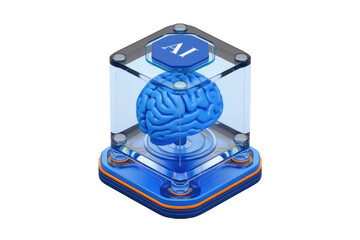 Leinwandbilder - A 3D model of a human brain encased in a transparent cube with an AI label, symbolizing artificial intelligence and neuroscience. background removed