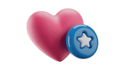 Poster - Pink heart with a blue star button; 3D rendering of love and rating concept. background removed