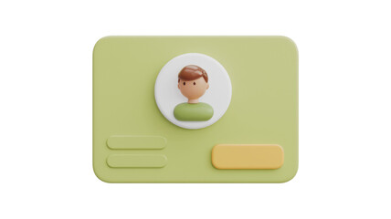 Fototapete - 3D illustration of a user profile card with a cartoon person, buttons, and a pastel color palette. background removed