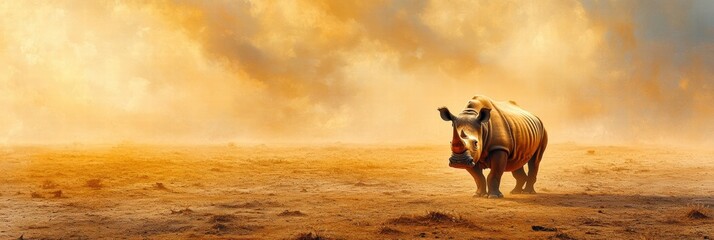 Aufkleber - Close up of a solitary rhino standing in a barren savanna with golden skies and empty landscape inviting contemplation. Generative AI