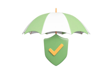 Fototapete - 3D render of umbrella protecting a shield with a checkmark, symbolizing safety and security. background removed