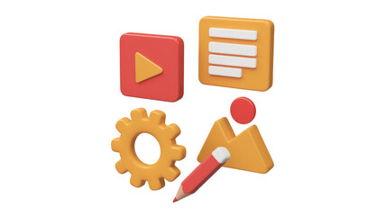 Leinwandbilder - 3D icons representing video, document, image, settings, and editing. background removed