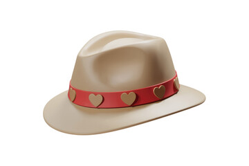 Fototapete - Beige fedora hat with a red heart-decorated band; charming and stylish. background removed