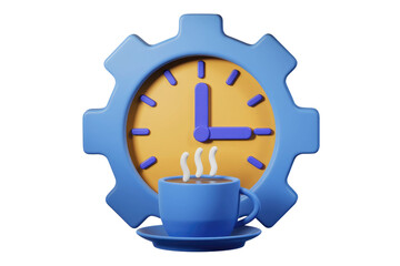 Poster - A 3D render of a coffee cup with steam in front of a gear-shaped clock, symbolizing productivity and breaks. background removed