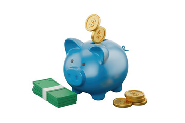 Aufkleber - A blue piggy bank with coins and cash represents savings, finance, and wealth. background removed