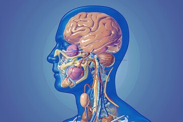 Poster - Detailed illustration showcasing the human brain, nervous system, and internal organs against a blue background