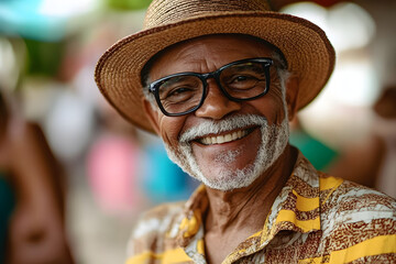 Portrait of smiling senior brazilian man wearing hat and glasses enjoying local culture