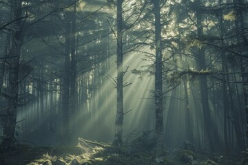 Poster - Sunlight filters through dense forest trees, creating a serene and mystical atmosphere in a secluded woodland area