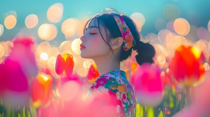 Wall Mural - Woman in floral dress amidst blooming tulips