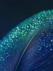 Poster - Close up view of a peacock feather adorned with dew drops showcasing vibrant colors and a serene atmosphere. Generative AI