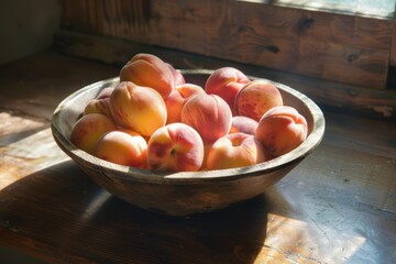 Wall Mural - Fresh peaches arranged in a rustic wooden bowl with lush green leaves on a wooden table in natural light