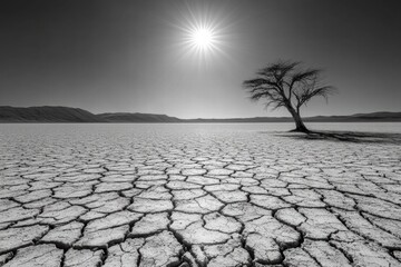 Poster - Dry cracked lakebed under intense sunlight with a solitary tree in the distance. Generative AI