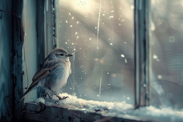 Poster - Bird perched on a snow-covered windowsill as soft snowflakes fall during a winter morning in a cozy home