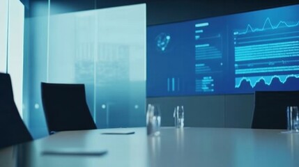 Corporate group in a sleek digital meeting space. Featuring smart displays and interactive technology