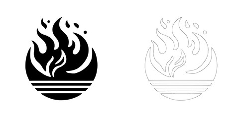 Aufkleber - Fiery Emblem:  A bold graphic design featuring two variations of a stylized flame emblem, one solid black and one outlined in white, perfect for branding or design projects. 