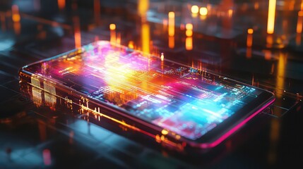 Fototapete - Futuristic smartphone displaying vibrant digital data streams and glowing interface.