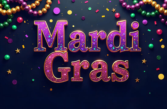 Festive Mardi Gras text in bold glittery purple and gold letters with vibrant green, purple, and yellow beads, confetti, and stars on a dark blue background. Bright and celebratory design.