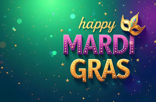 Festive Happy Mardi Gras text in gold and purple with a decorative mask, surrounded by sparkling stars and confetti on a vibrant green background.