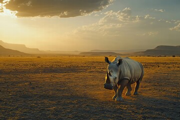 Aufkleber - Close up of a rhino walking through a barren savanna at sunset with ample space for text. Generative AI