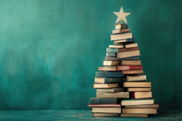Aufkleber - Creative Christmas tree made of stacked books against a festive green background for holiday decor. Generative AI