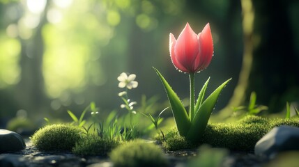 Wall Mural - A Single Tulip Blooms in a Sunlit Forest