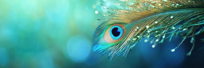 Aufkleber - Close up view of a vibrant peacock feather showcasing intricate textures and vibrant colors set against a soft background. Generative AI