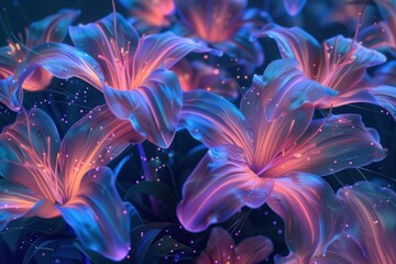 Aufkleber - Colorful glowing flowers illuminate a dark environment creating a vibrant atmosphere in a fantasy garden setting