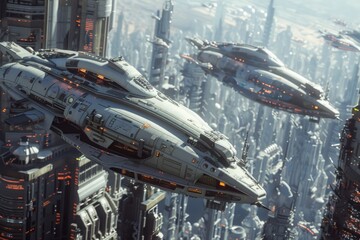 Wall Mural - futuristic city with two spaceships flying over it. scene is one of excitement and adventure, as the