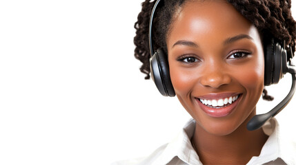 Aufkleber - Professional woman with curly hair and headset smiling against a transparent background
