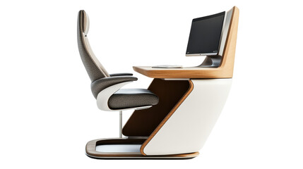 Poster - Modern office desk setup featuring a sleek chair, computer, and minimalist design against a transparent background
