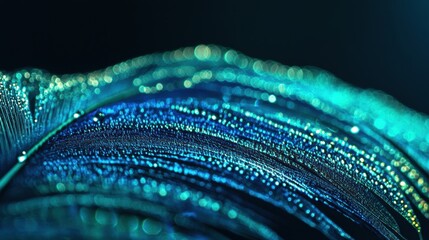 Poster - Close up view of a peacock feather adorned with dew drops showcasing vibrant colors and textures in a serene setting. Generative AI
