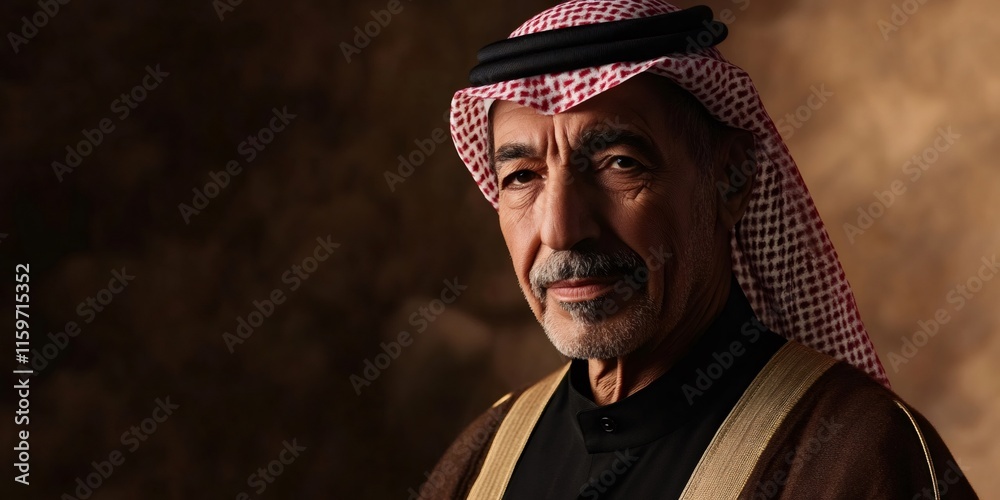 Elderly arab sheikh wearing traditional attire, posing with intense ...