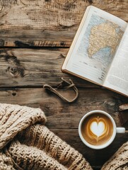 Aufkleber - Cozy travel flatlay featuring a cup of coffee and an open travel guide on a wooden table. Generative AI