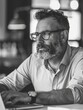 © vefimov - Bearded man in office working on laptop, with focused gaze and glasses on.