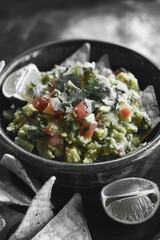 Wall Mural - delicious and colorful guacamole served with chips, a classic mexican appetizer.