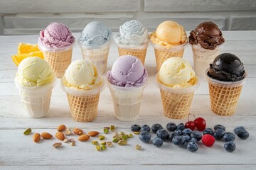 Poster - An assortment of ice cream flavors blueberry strawberry pistachio almond orange and cherry displayed on a white wooden surface Summer dessert idea