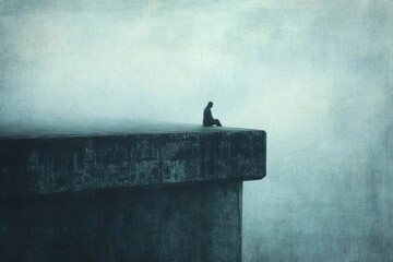 Aufkleber - Lonely figure reflects on a foggy bridge during a quiet moment of solitude and contemplation. Generative AI