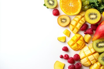 Sticker - Bird s eye view of a vibrant fruit and greens salad against a white backdrop ideal for text Nutritious meal