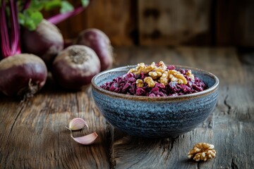 Sticker - Bowl of beet salad with walnuts and garlic on wood table Focused detail