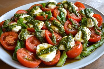 Wall Mural - Caprese Salad dish with tomatoes mozzarella basil asparagus balsamic and pesto dressing