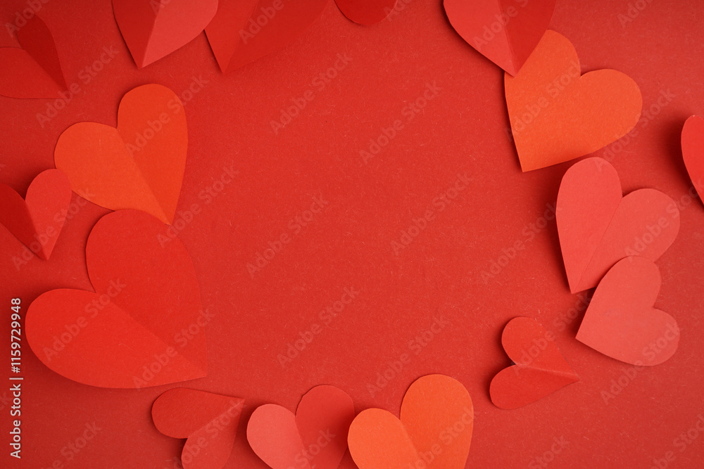 Frame made of paper hearts on red background. Valentine's Day celebration