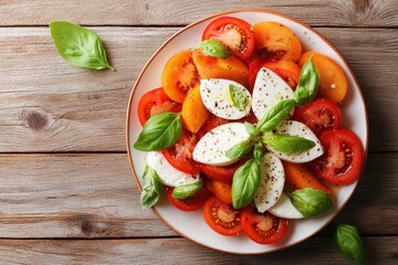 Wall Mural - Close up of a summer peach Caprese salad with mozzarella and cherry tomatoes on a wooden table viewed from above