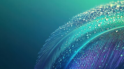 Poster - Close up of a vibrant peacock feather adorned with dew drops against a shimmering background creating an enchanting ambiance. Generative AI