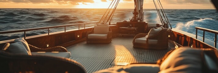 Poster - Luxury yacht deck with elegant furniture overlooking a stunning sunset on the open sea. Generative AI