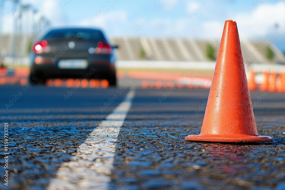 Driving school setup with a car and traffic cones an orange cone ...