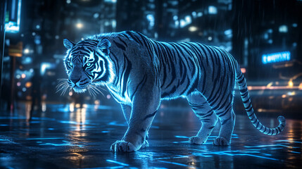 Wall Mural - A majestic tiger with glowing, electric-blue stripes prowling through a cyberpunk city at night, symbolizing primal instincts in a high-tech world.  