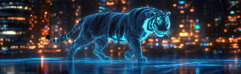 Wall Mural - A majestic tiger with glowing, electric-blue stripes prowling through a cyberpunk city at night, symbolizing primal instincts in a high-tech world.  