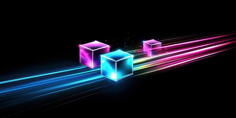 Poster - Glowing cubes moving on neon light trails against black background.